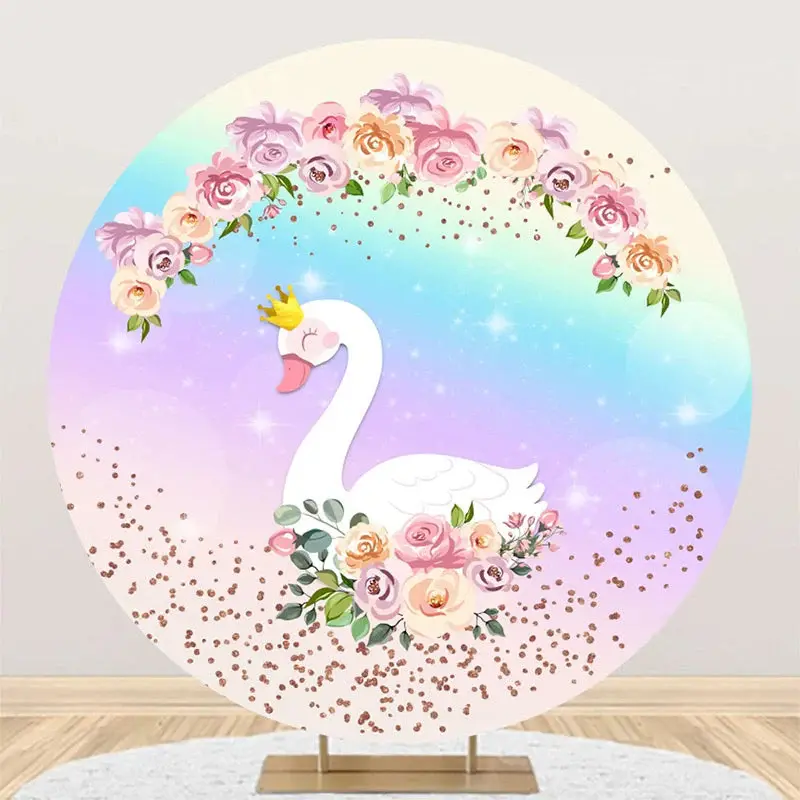 Floral Rainbow Sparkle Swan Round Birthday Backdrop - Aperturee