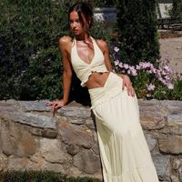 Solid Color Backless Crop Top & Ruched Skirt Two Pieces Set Women's 2025 Summer New Clothes Sleeveless Halter Neck Top & Skir...