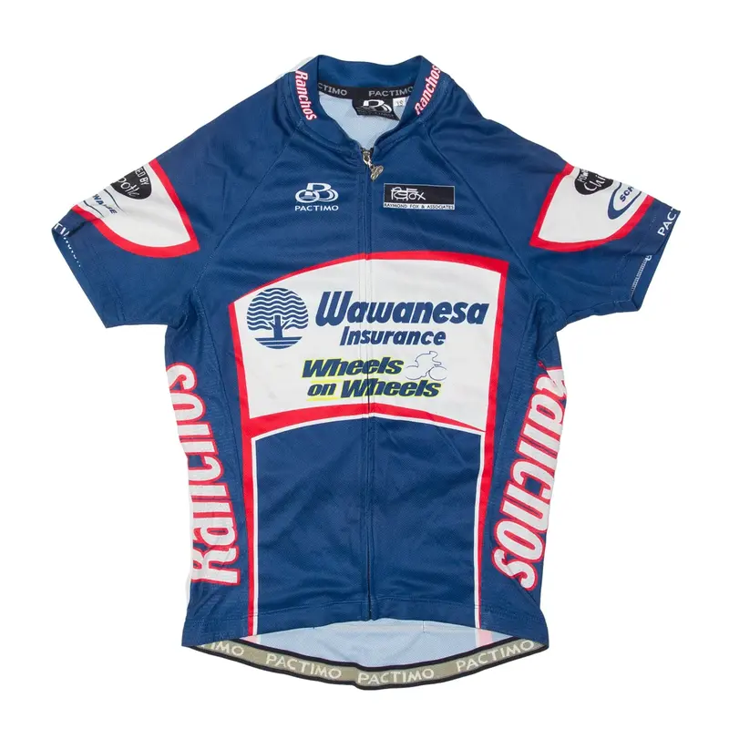 PACTIMO Cycling Full Zip Ranchos Wheels On Wheels T-Shirt Blue Short Sleeve Mens XS