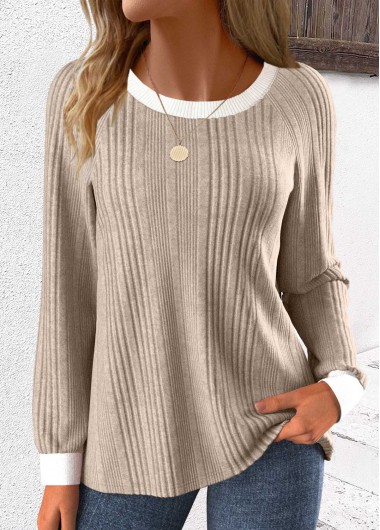 Modlily Light Coffee Patchwork Long Sleeve Round Neck Sweatshirt - L