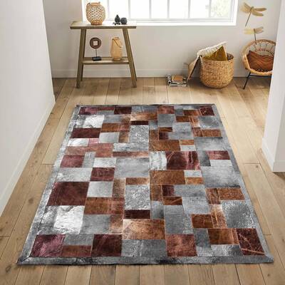 Silver & Bronze Brick Pattern Patchwork Cowhide Rug