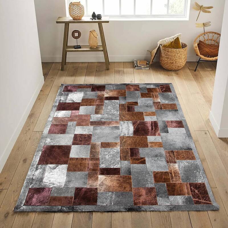 Silver & Bronze Brick Pattern Patchwork Cowhide Rug