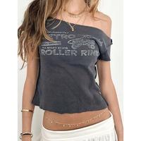 Women's Deep Grey Asymmetric Off Shoulder Short Sleeve Simple Casual T-Shirt Fit Top Summer Womenswear