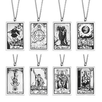 8Pcs 8 Style 201 Stainless Steel Tarot Card Pendant Necklace with 304 Stainless Steel Chains