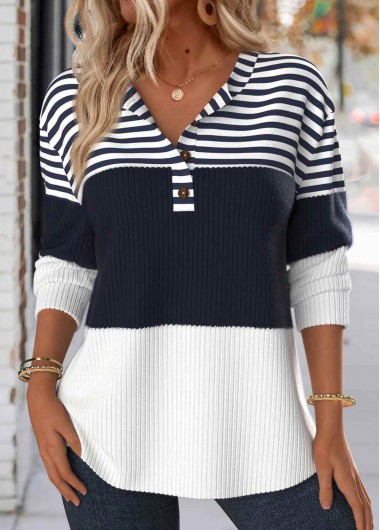 Modlily Navy Button Striped Long Sleeve Split Neck Sweatshirt - XL