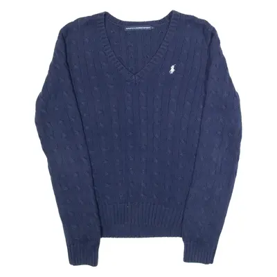 RALPH LAUREN SPORT Womens Jumper Blue V-Neck Cable Knit L