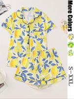 Women's Fruit Print Short Sleeve Pajama Two-piece Set, Casual Comfy Button Shirt & Elastic Waist Shorts Loungewear Set, Ladie...