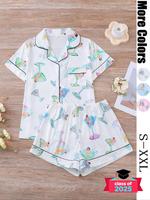 Women's All Over Print Shirt & Elastic Waist Shorts Pyjama Two-piece Set, Casual Comfy Short Sleeve Top & Shorts Pj Set, Ladi...