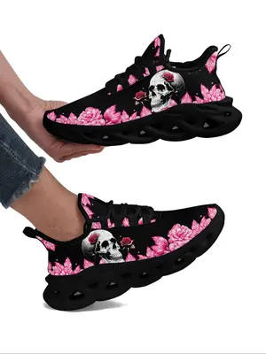 Women's Random Floral Print Lace Up Low Top Sneakers, Summer Comfortable Sports Running Shoes for Daily Wear, Walking Shoes f...