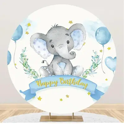 Blue Elephant Balloon Stars Round Birthday Backdrop - Aperturee