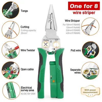 8-in-1 Wire Stripper, Hot Wire Judgment AC DC, 12V to 250V Live, Audible and Flashing LED Alarms, Cutting and Pulling Wires, ...