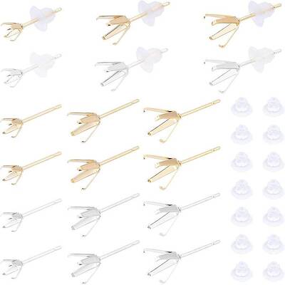 48Pcs 6 Style 304 Stainless Steel Prong Earring Settings