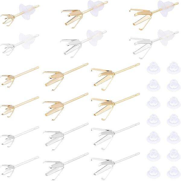48Pcs 6 Style 304 Stainless Steel Prong Earring Settings