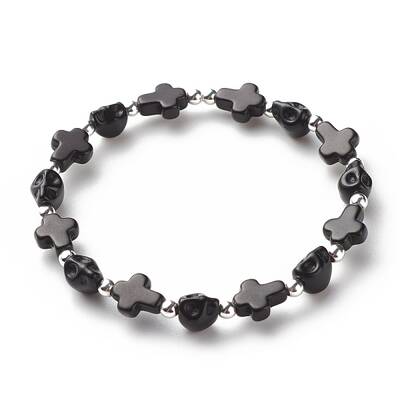 Synthetic Turquoise(Dyed) Cross & Skull Beaded Stretch Bracelet