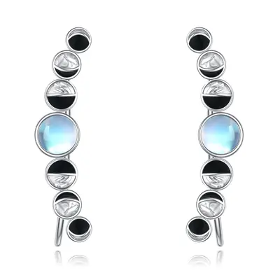 Sterling Silver Circular Shaped Moonstone Moon Climber Earrings