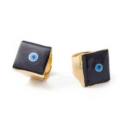 Square Enamel with Evil Eye Wide Band Finger Rings