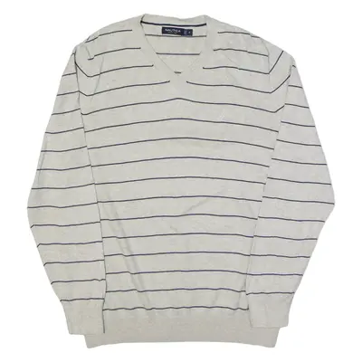 NAUTICA Patterned Jumper Grey Striped Tight Knit V-Neck Mens M