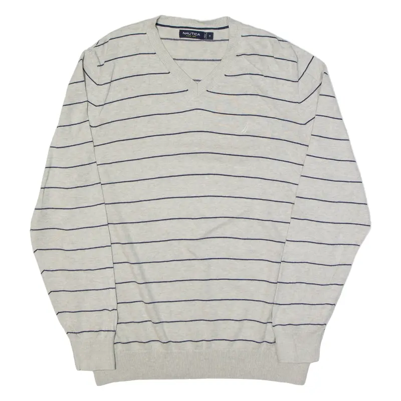 NAUTICA Patterned Jumper Grey Striped Tight Knit V-Neck Mens M