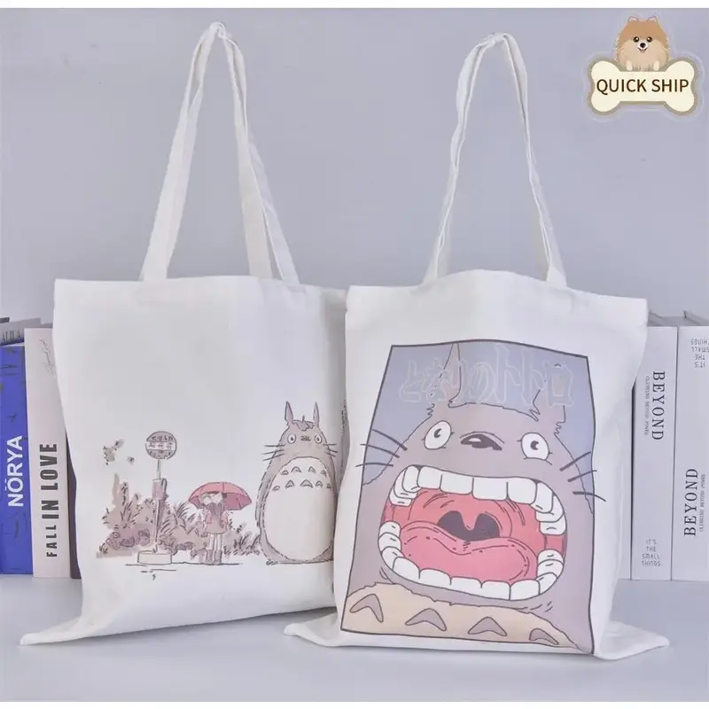 Totoro Canvas Tote, Cute Shopping Handbag, Reusable Handmade Shoulder Bag,Hayao Miyazaki Animation Enthusiast, Summer Gifts