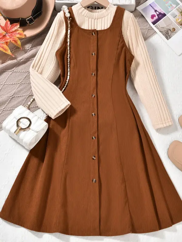 Girl's Solid Button Front Pinafore Dress & Sweater Two-Piece Set, Preppy Style Long Sleeve Round Neck Dress & Jumper for Dail...