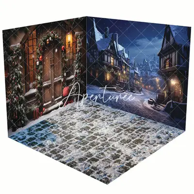 Aperturee Winter Snowy Night Town Christmas Room Set Backdrop - Lofaris
