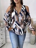 【Plus Size】 All Over Print Cold Shoulder Zipper Blouse, Summer Tops 2024, Going Out Tops, Casual Bishop Sleeve Top for Wo...