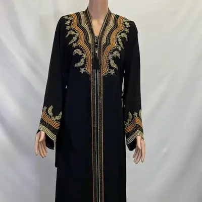 Black Zippered Abaya with Golden Embroidery Design & Rhinestones Elegant Women's Fashion Dress
