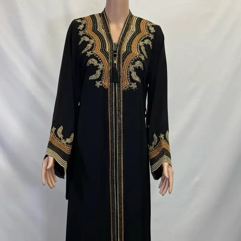 Black Zippered Abaya with Golden Embroidery Design & Rhinestones Elegant Women's Fashion Dress