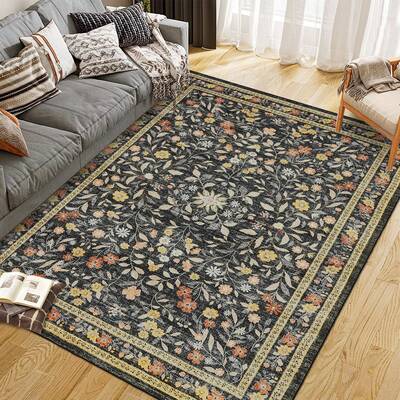 Garvee Floral Area Rugs Washable Non Slip Ultra Thin Boho Flower Indoor Floor Carpet Black 10x13Ft for Living Room Girls Room...