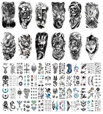 68 Sheets Waterproof Temporary Tattoos Stickers, Realistic Long Lasting Animals & Flower Designs, Rose, Wolf, Tiger, Lion, Ow...