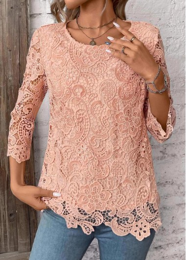 Modlily Light Pink Lace 3/4 Sleeve Round Neck T Shirt - M