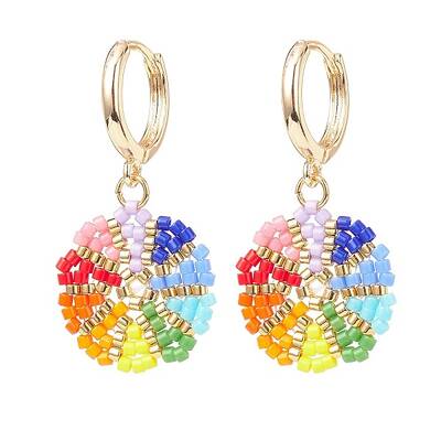 Rainbow Color Japanese Seed Braided Flower Dangle Hoop Earrings