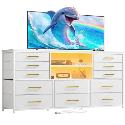 Raybee Furniture 12 Drawer Dresser for Bedroom,Fabric Dresser Organizer with LED Lights & Power Outlets, Long Dressers & Ches...