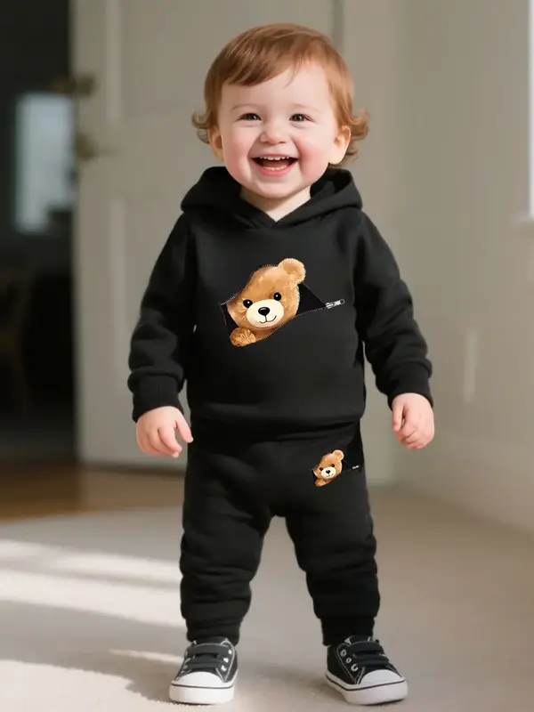 Newborn Baby Boy Girl Hoodie Set, Long Sleeve Cartoon Letter Print Romper Pants, Casual Fashion Infant Clothing for Daily Wea...