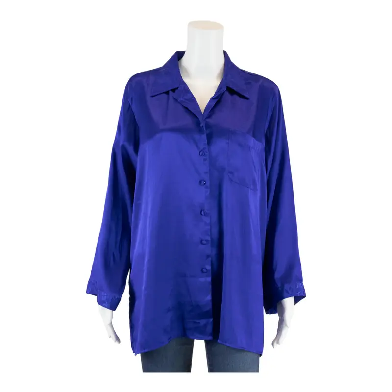 SECRET TREASURES Satin Button-Up Blue Collared Long Sleeve Womens M