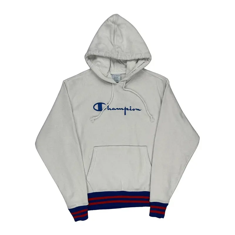Reverse Weave Champion Spellout Hoodie - Medium White Cotton Blend | Size: medium