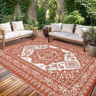 Garvee Outdoor Brick Red 10x14 Area Rug, RV Vintage Waterproof Washable Plastic Carpet Stain-Resistant Fade-Resistant Non-Sli...