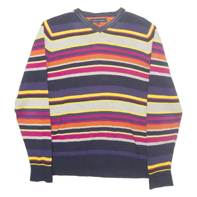 TOMMY HILFIGER Womens Patterned Jumper Purple Striped V-Neck Tight Knit S
