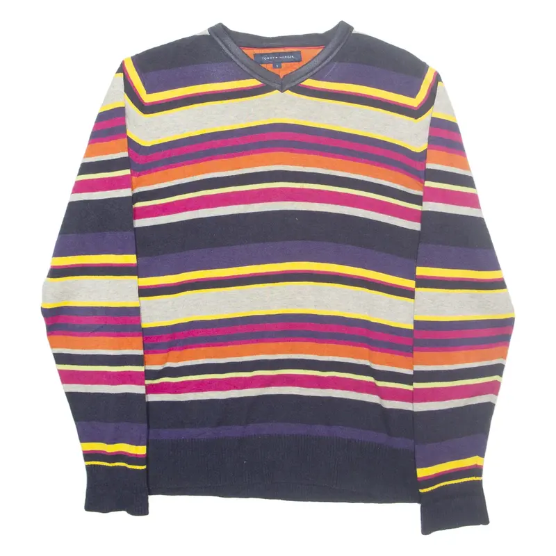 TOMMY HILFIGER Womens Patterned Jumper Purple Striped V-Neck Tight Knit S