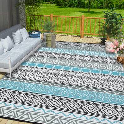 Garvee Outdoor Blue & Grey 6x9 Rugs Waterproof Reversible Durable Polypropylene UV Resistant Portable with Carry Bag for Pati...
