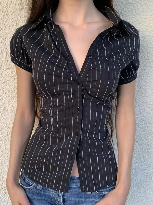 Women's Striped Print Button Front Shirt, Casual Puff Sleeve Short Sleeve Top for Summer, Ladies Clothes for Daily Wear
