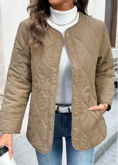 Modlily Dark Camel Tummy Coverage Long Sleeve Round Neck Coat - L