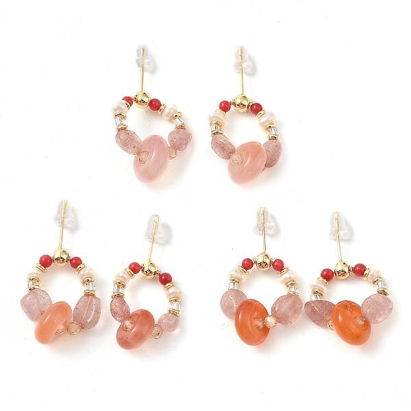Natural Agate & Strawberry Quartz & Synthetic Coral Dangle Earrings