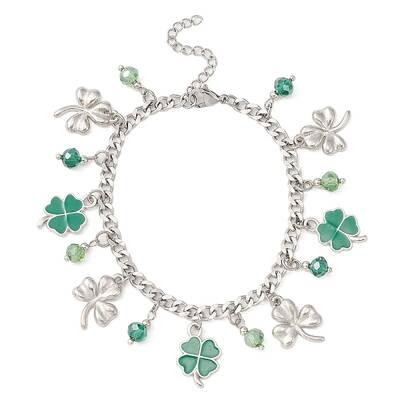 Alloy Clover & Glass Charm Bracelet with 304 Stainless Steel Curb Chains for Saint Patrick's Day