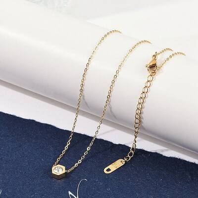 Ion Plating(IP) 304 Stainless Steel Cubic Zirconia Hexagon Pendant Cable Chain Necklaces