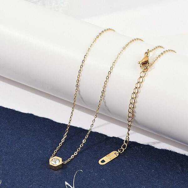 Ion Plating(IP) 304 Stainless Steel Cubic Zirconia Hexagon Pendant Cable Chain Necklaces