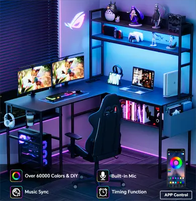 Mr IRONSTONE L Shaped Gaming Desk with LED Lights & Power Outlets Computer Desk with Office Desk with Storage Shelf, Headphon...
