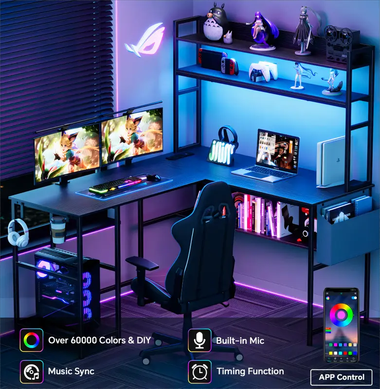 Mr IRONSTONE L Shaped Gaming Desk with LED Lights & Power Outlets Computer Desk with Office Desk with Storage Shelf, Headphon...