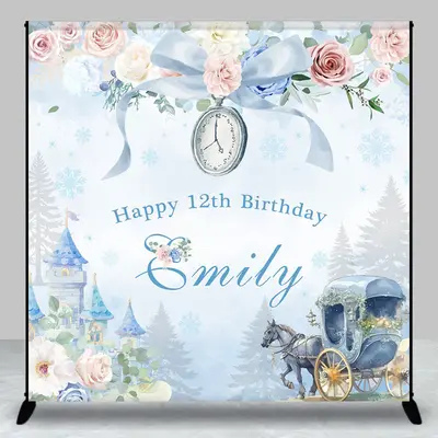 Aperturee Blue Castle Floral Custom Name 12th Birthday Backdrop - Aperturee