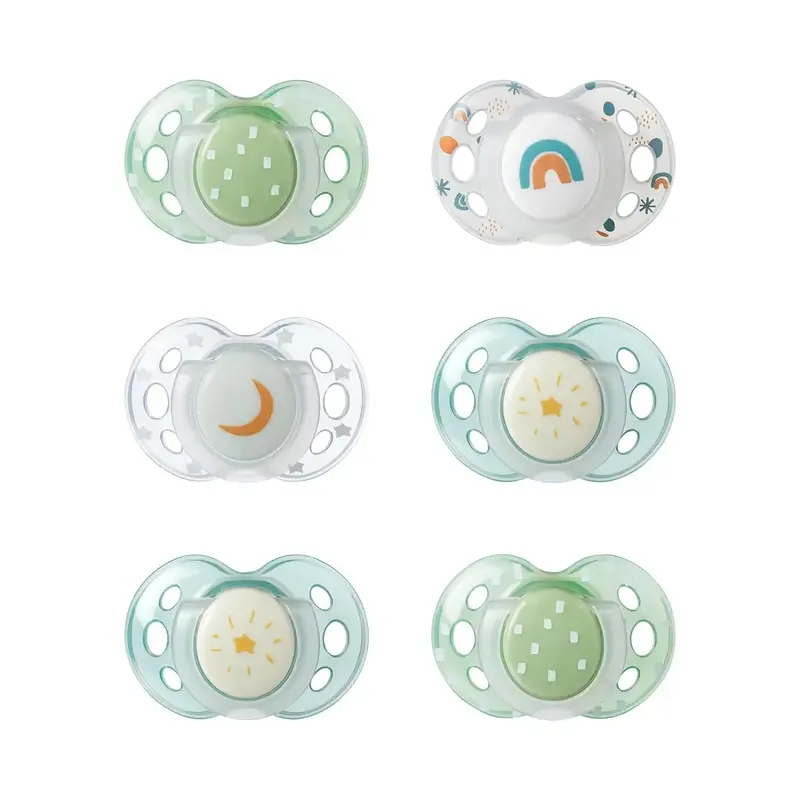 6 Pack Tommee Tippee Glow in the Dark Pacifiers with Symmetrical Silicone Baglet for 18-36 Months
